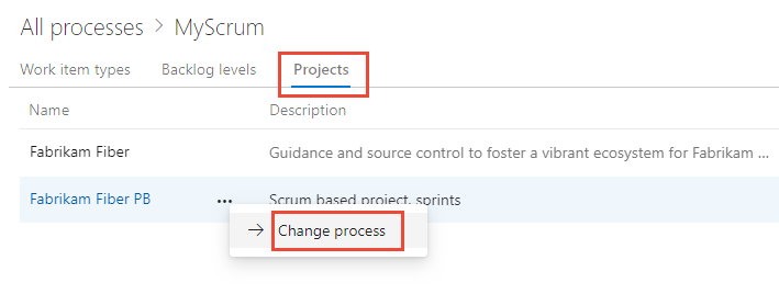 Capture d’écran de l’onglet Projets avec l’option Modifier le processus mise en évidence.