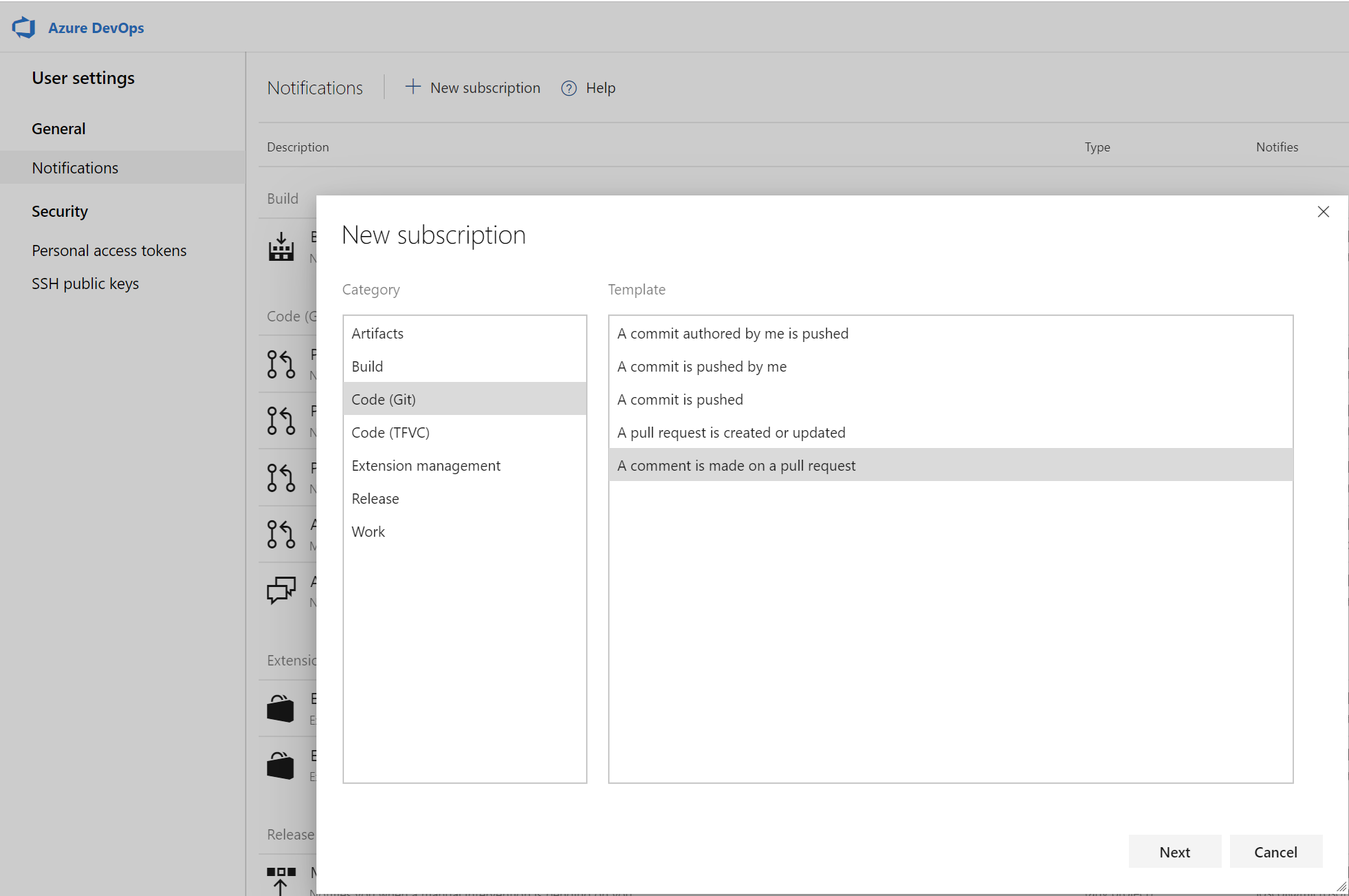 Capture d’écran montrant comment filtrer les notifications de commentaires à partir de demandes de tirage.