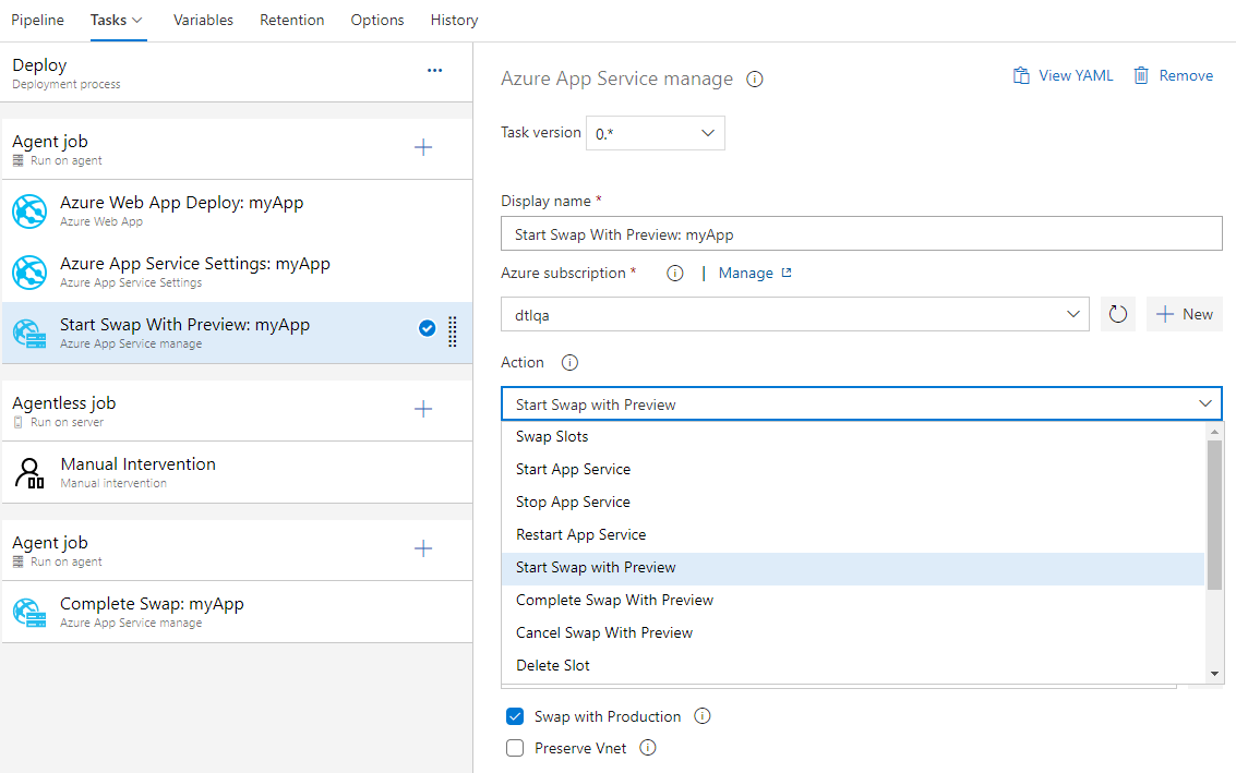 Capture d’écran montrant la boîte de dialogue Azure App Service gérer avec le nouveau paramètre d’échange multiphase dans la liste déroulante Action.