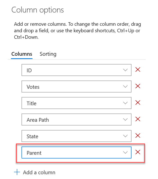 Capture d’écran de la section Options de colonne avec l’option Parent mise en évidence.