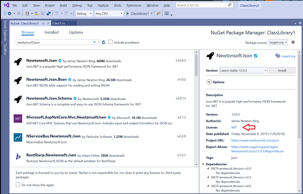 Capture d’écran du package NuGet Newtonsoft.Json avec une flèche rouge pointant vers la licence du package.