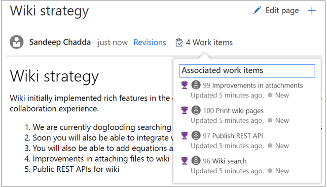 Éléments de travail liés dans la page de Wiki