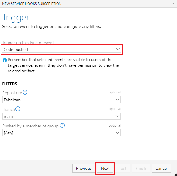 Capture d’écran de la sélection et de la configuration de l’événement de déclencheur.