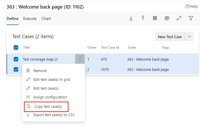 Capture d’écran montrant le menu Autres actions des cas de test, option copier des cas de test.