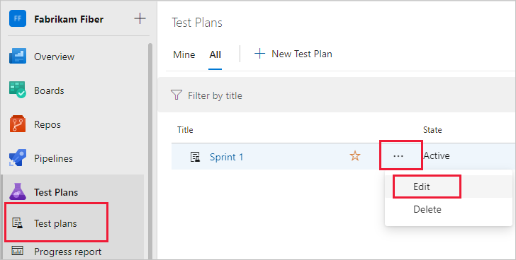 Capture d’écran montrant l’option permettant de modifier un plan de test.