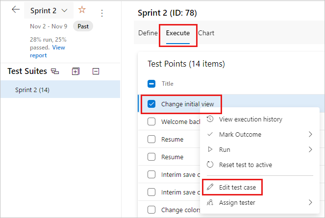 Capture d’écran montrant l’option Modifier le cas de test pour un cas de test dans le menu contextuel.