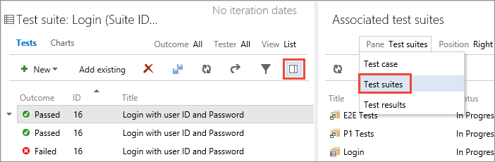 Dans la page Plans de test, sélectionnez le volet Détails. Sélectionnez les suites de tests dans le volet détails du test.