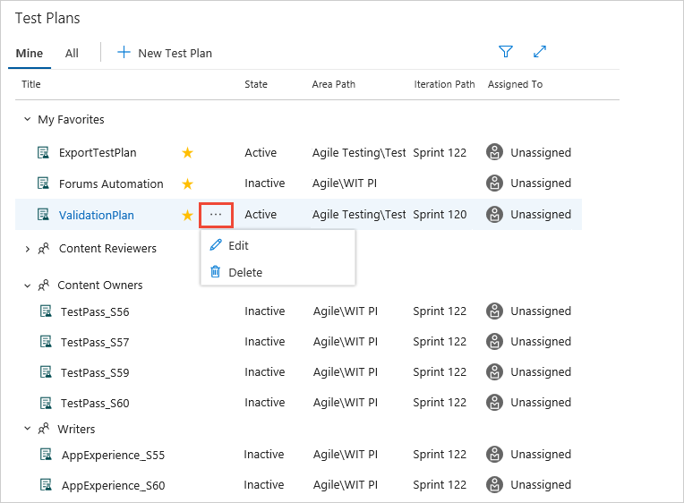 Page mine, options de menu pour modifier ou supprimer un plan de test.