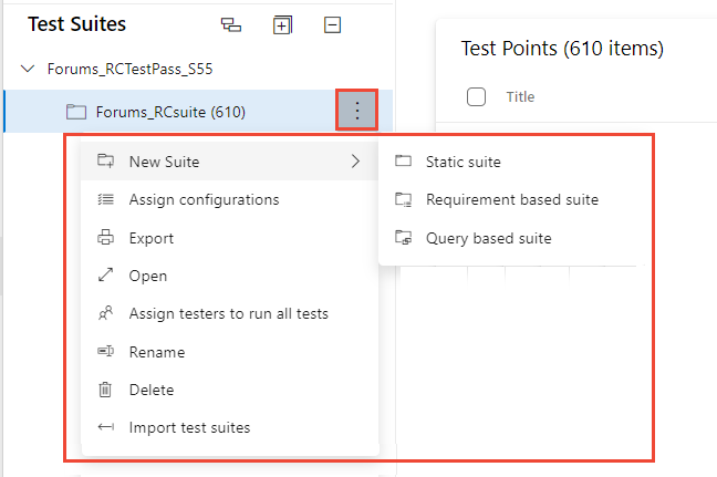 Options de menu d’arborescence des suites de test