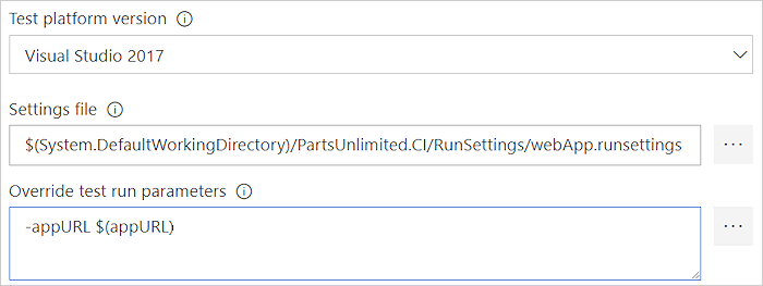 Capture d’écran montrant la transmission de paramètres pour tester le code à partir d’un pipeline de build ou de mise en production.