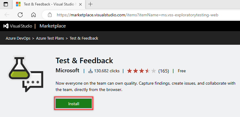 Capture d’écran montrant l’extension Visual Studio Marketplace, Test &Feedback, Install.