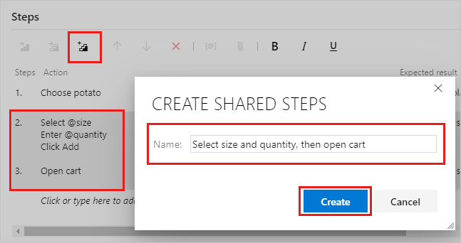 Capture d’écran montrant la boîte de dialogue Créer des étapes partagées avec un nom entré.