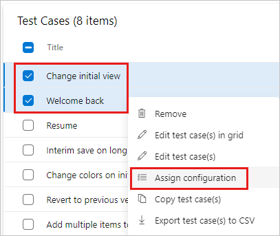 Capture d’écran montrant l’affectation d’une configuration affectée à un cas de test.