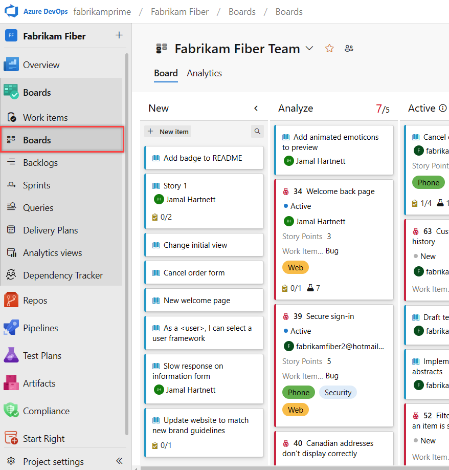 Capture d’écran de la page backlogs Azure Boards.