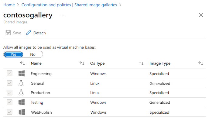 Capture d’écran de la liste des images de la galerie partagée avec des indicateurs sous forme de cases à cocher montrant les images autorisées pour la création de machines virtuelles.