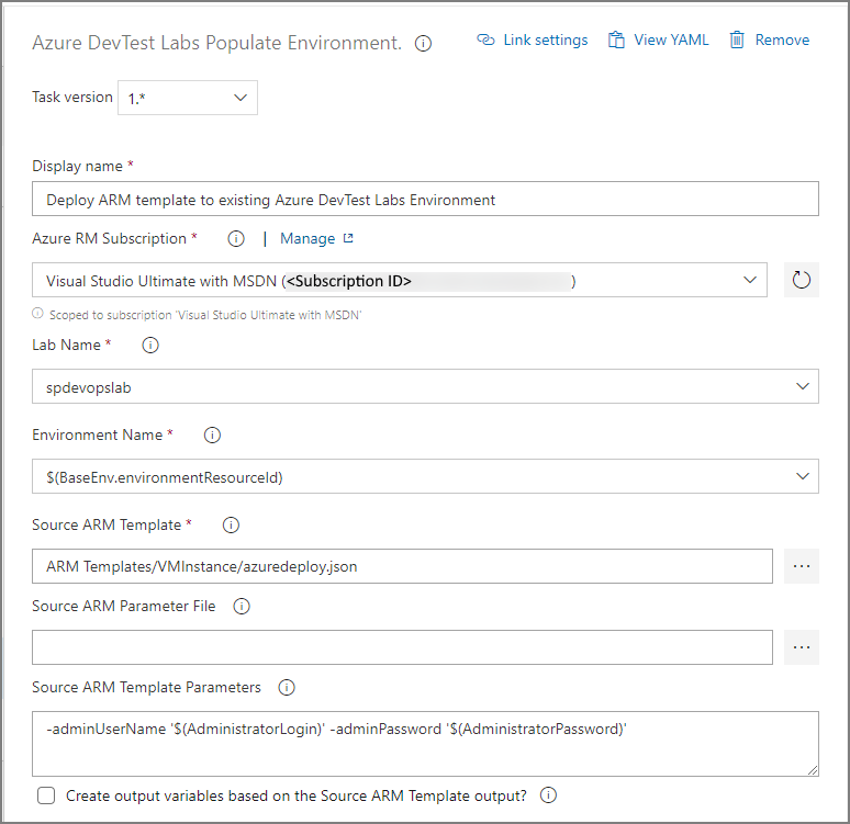 Capture d’écran montrant la tâche Remplir l’environnement Azure DevTest Labs.