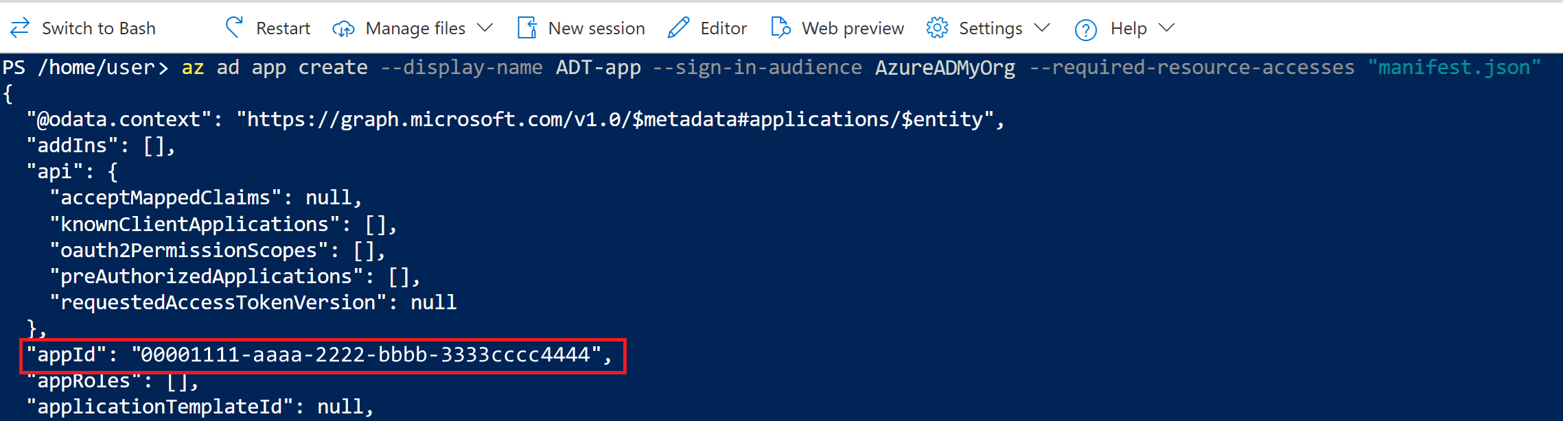 Capture d’écran de la sortie de Cloud Shell de la commande de création d’inscription d’application. La valeur appId est mise en évidence.