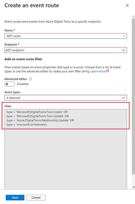 Capture d’écran de la création d’une route d’événement avec un filtre de base dans le Portail Azure, mettant en évidence le texte de filtre rempli automatiquement après la sélection des événements.