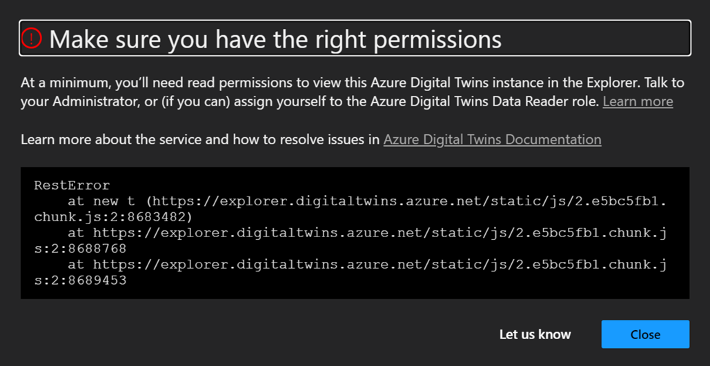 Capture d’écran d’un message d’erreur dans Azure Digital Twins Explorer, intitulé Vérifiez que vous disposez des autorisations appropriées.