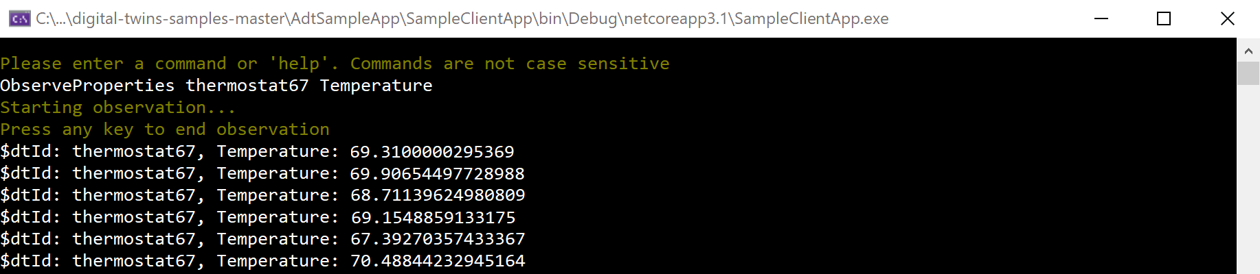 Capture d’écran de la sortie de la console montrant le journal des messages de température issus du jumeau numérique thermostat67.