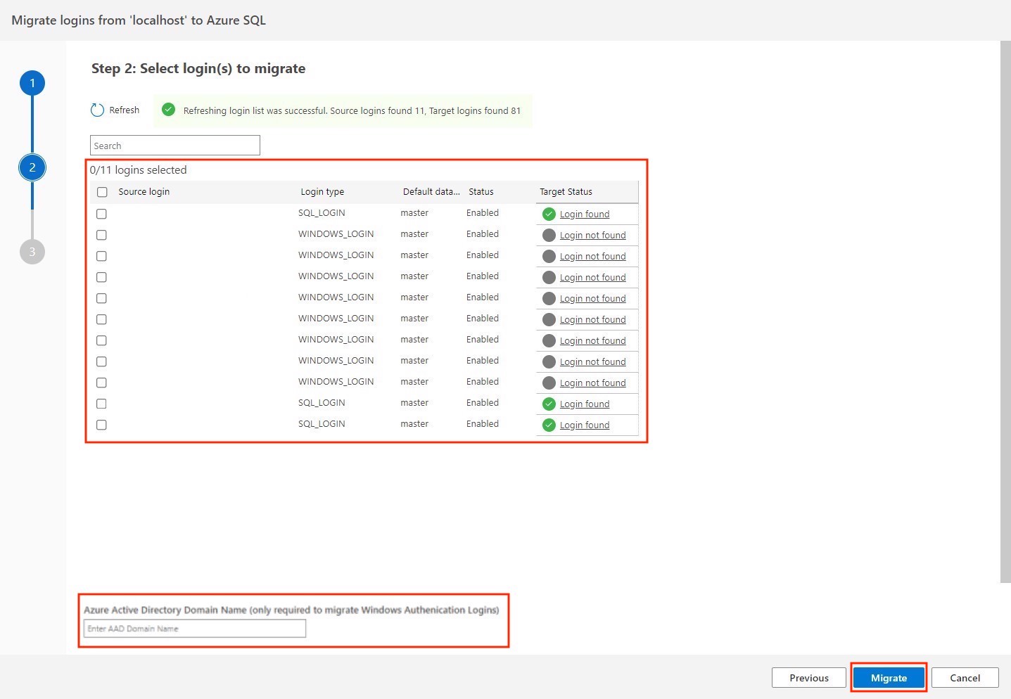 Capture d’écran montrant les détails des comptes de connexion sources.