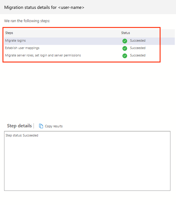 Capture d’écran montrant les détails de l’état de la migration des comptes de connexion en cours.