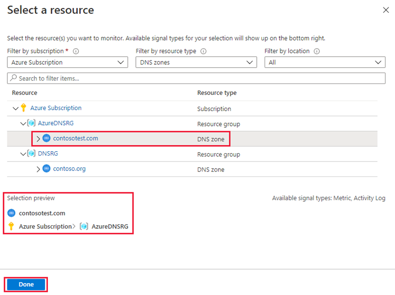 Capture d’écran de la page Sélectionner une ressource dans la configuration des alertes.