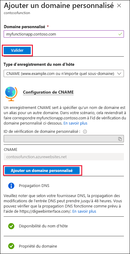 Capture d’écran de la page Ajouter un domaine personnalisé pour l’application de fonction.