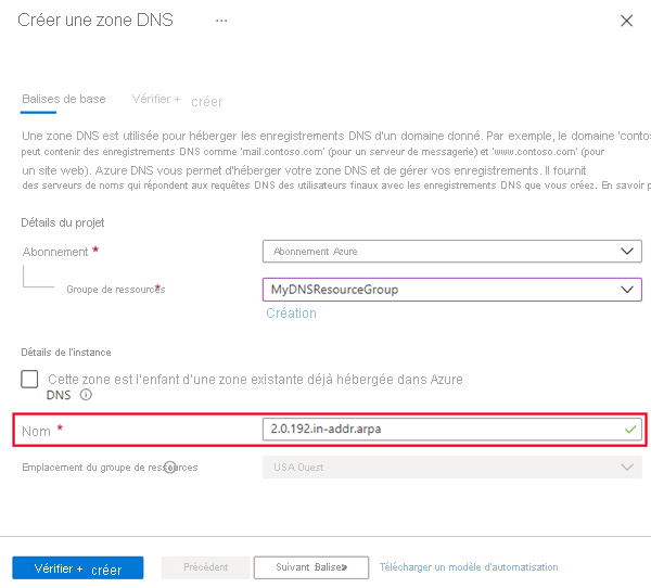 Capture d’écran de la création d’une zone DNS IPv4 arpa.