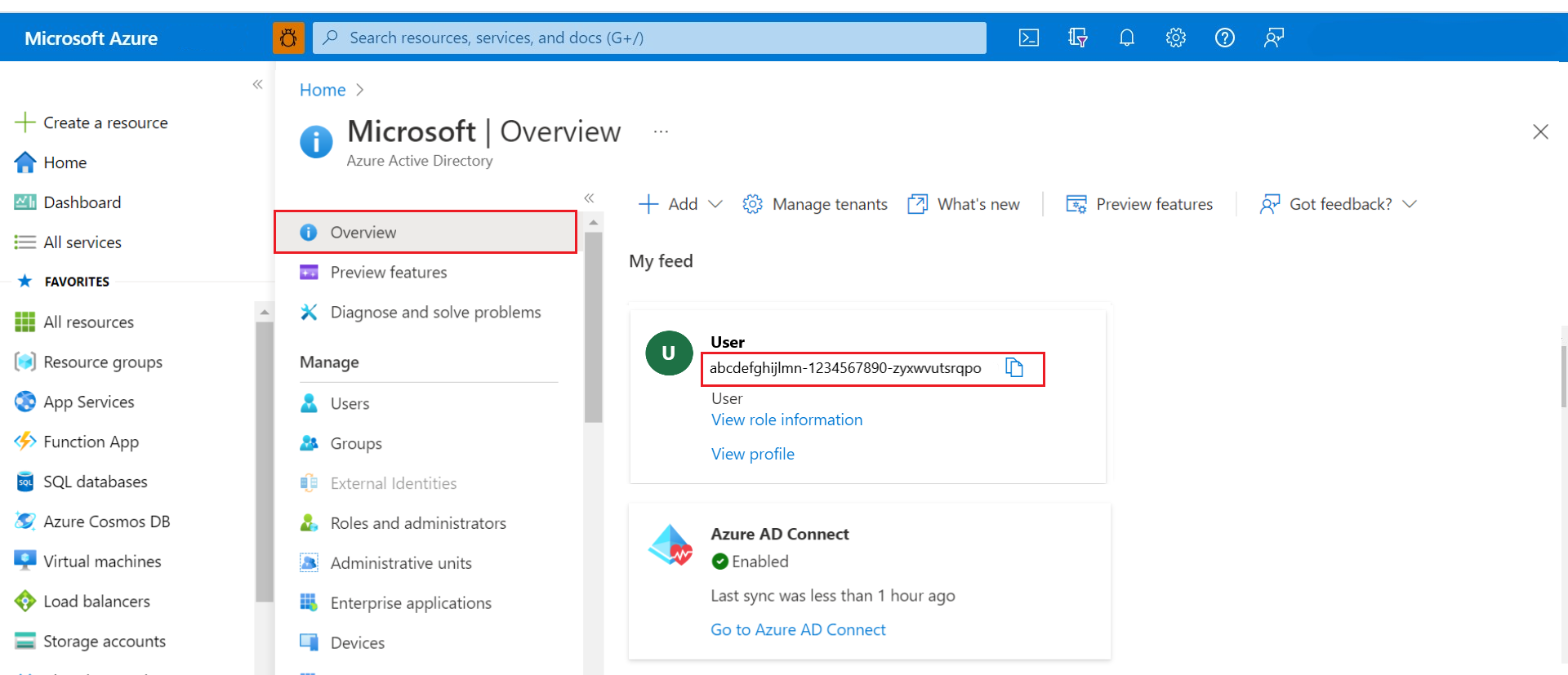 Capture d’écran montrant la recherche de l’identifiant d’objet à partir de Microsoft Entra ID.