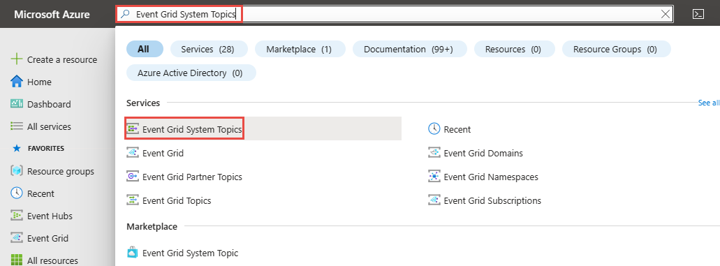 Capture d’écran montrant les rubriques système Event Grid dans la zone de recherche.