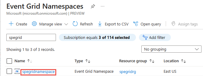 Capture d’écran montrant la sélection d’un espace de noms dans la liste des espaces de noms d’Event Grid.