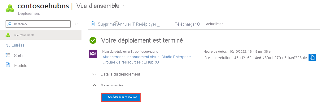 Capture d’écran de la page Déploiement terminé avec le lien vers la ressource.