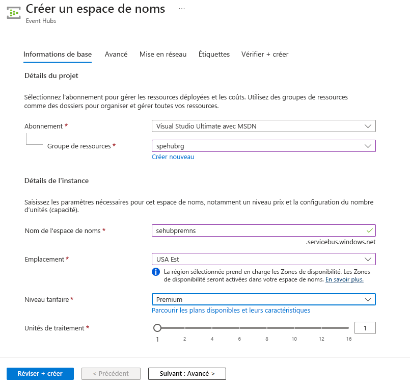 Capture d’écran montrant les unités des paramètres Traitement sur l’Assistant Créer un espace de noms.