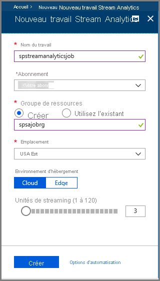 Nouveau travail Stream Analytics