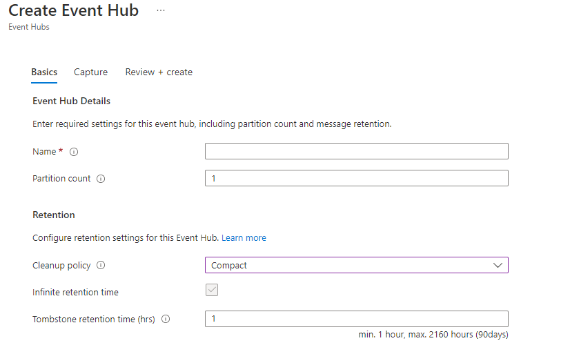 Capture d’écran de l’interface utilisateur de création d’Event Hubs avec les attributs liés au compactage.