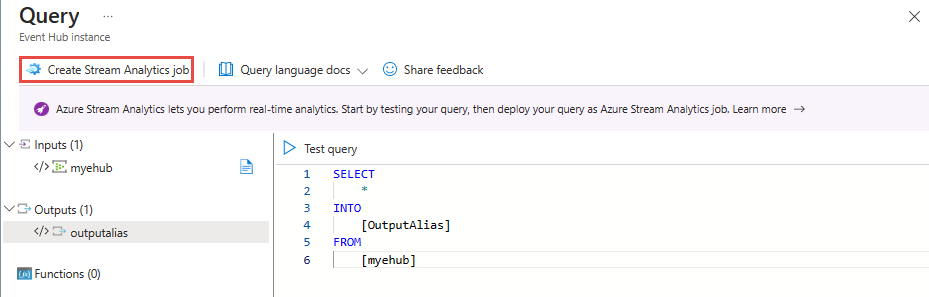 Capture d’écran de la page Requête avec le lien Créer un travail Stream Analytics sélectionné.