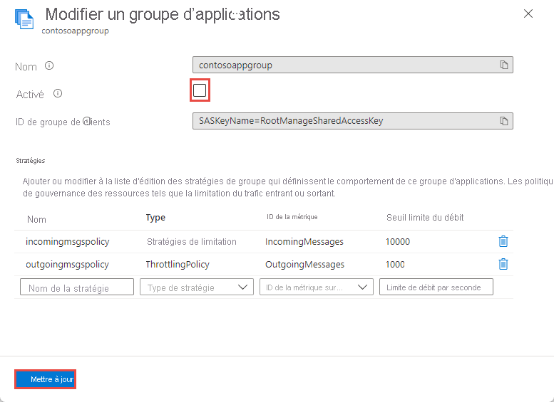 Capture d’écran montrant la page Modifier le groupe d’applications avec l’option Activé désélectionnée.