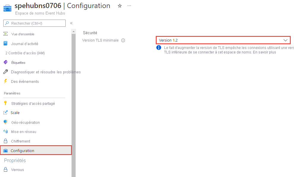 Capture d’écran montrant la page permettant de définir la version TLS minimale pour un espace de noms existant.