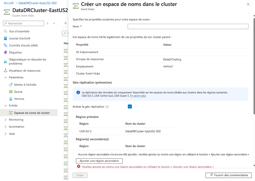 Capture d’écran de l’interface utilisateur de création d’un espace de noms dédié avec l’interface utilisateur de la géoréplication.