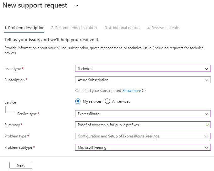 Capture d’écran d’une nouvelle demande de support pour « preuve de possession des préfixes publics ».