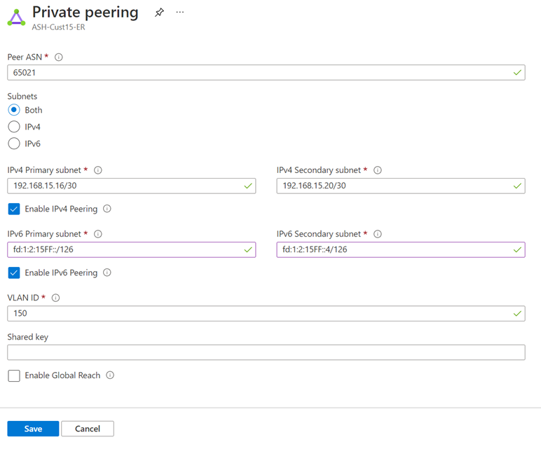 Capture d’écran de l’ajout d’Ipv6 sur la page de Peering privé.