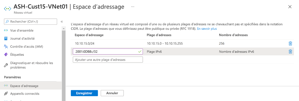 Capture d’écran de l’ajout de l’espace d’adressage IPv6 au réseau virtuel.