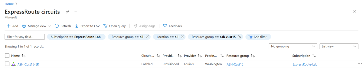 Capture d’écran de la liste des circuits ExpressRoute.