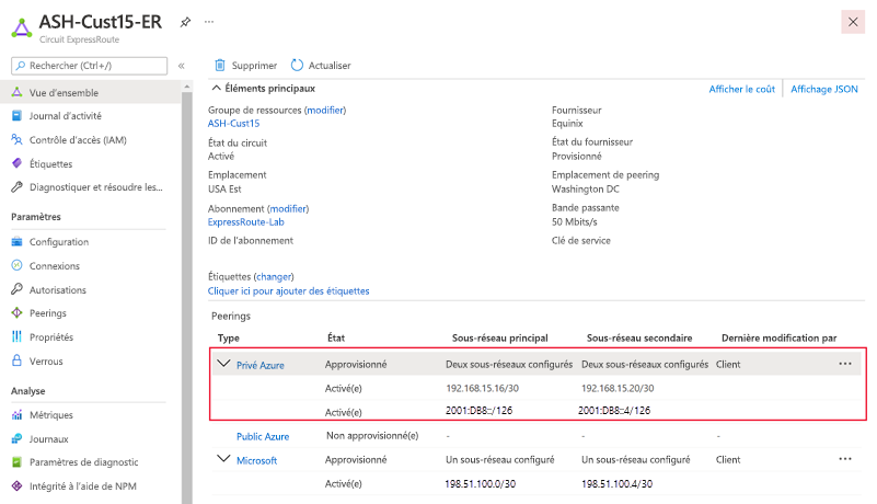 Capture d’écran d’Ipv6 configuré pour le Peering privé.