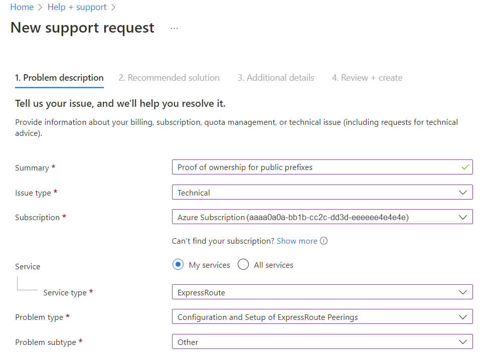 Capture d’écran montrant une nouvelle demande de ticket de support pour soumettre une preuve de propriété pour les préfixes publics.