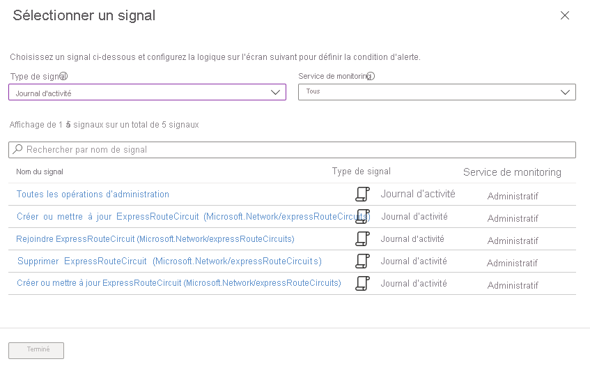 Capture d’écran des signaux du journal d’activité de la page Sélectionner un signal.