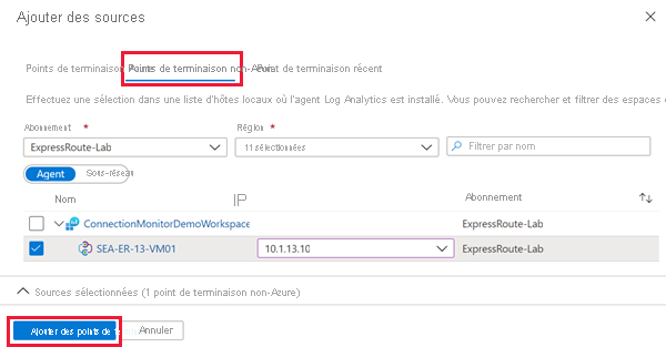 Capture d’écran de l’ajout de points de terminaison sources.