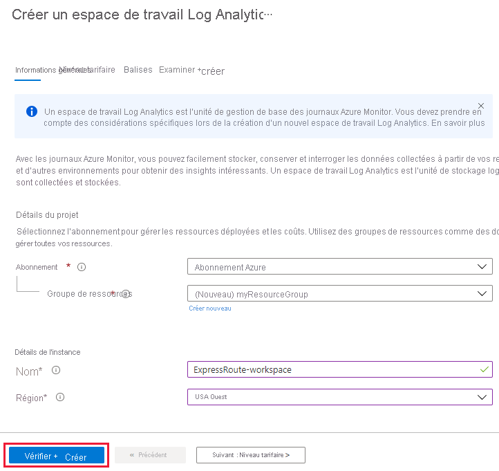 Capture d’écran de l’onglet Informations de base de la page Créer un espace de travail Log Analytics.