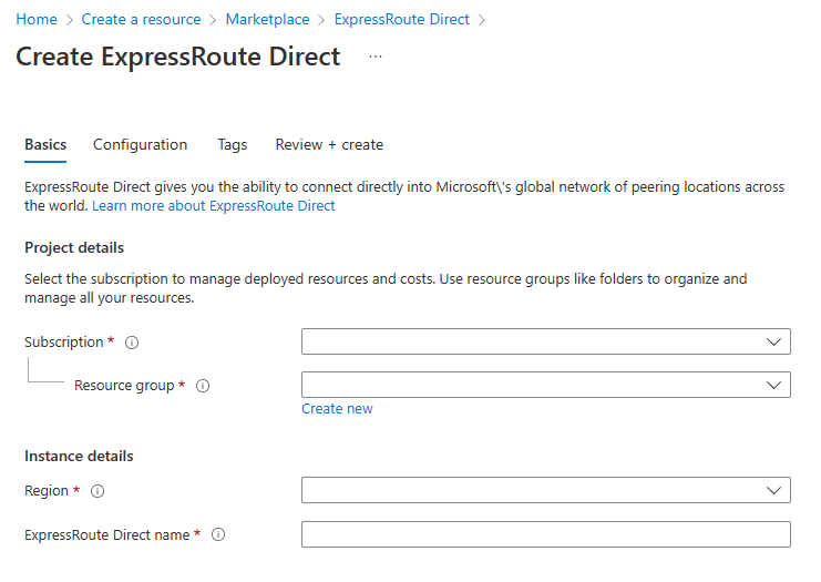 Capture d’écran de la page d’informations de base pour créer une ressource ExpressRoute Direct.